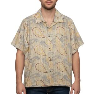 Vintage True Grit Paisley Stripe Short Sleeve Button Shirt Beige Men’s Large